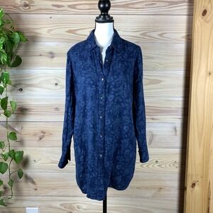 Pure Jill Tunic Women Medium Blue Floral Dual Layer Cotton Button Pockets Shirt
